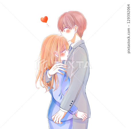 一名男子擁抱一名女子（辦公室職員）的站立肖像 129392064