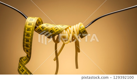 Pasta noodle wrapped around fork with yellow measuring tape symbolizing diet and weight loss concept in warm light 129392100