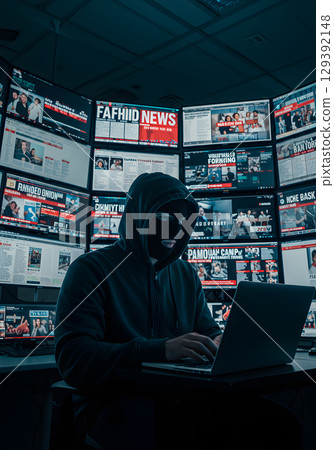 Hacker in black mask and hoodie working on laptop with multiple screens showing news 129392148