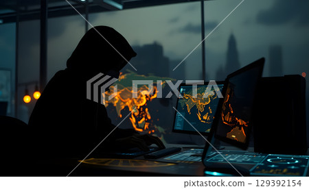 Silhouette of person hoodie working multiple computer screens with digital maps dark room 129392154