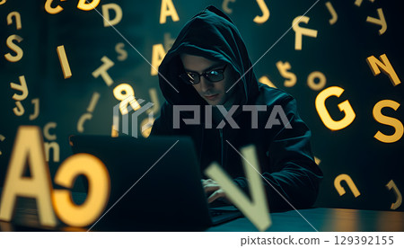 Hacker in dark hoodie working on laptop with floating letters around in mysterious atmosphere 129392155