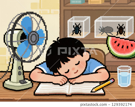 一個男孩暴露在風扇的風中 129392174