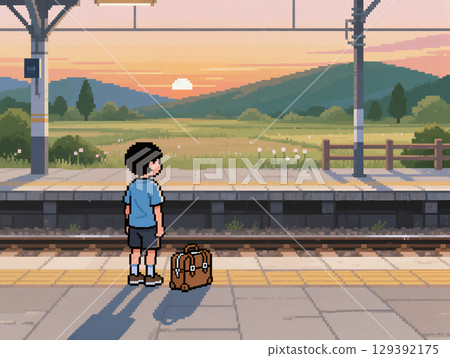 黃昏時分，一個男孩在月台上等火車 129392175