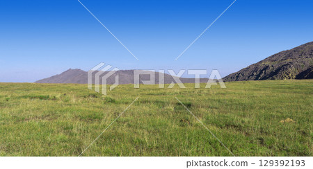 subarctic landscape, high mountain meadow on a plateau in the Northern Urals mountains 129392193