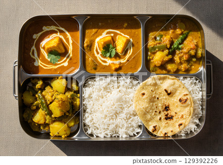 Delicious Indian meal with paneer, rice, and vegetables Delicious Indian meal with paneer, rice, and vegetables 129392226