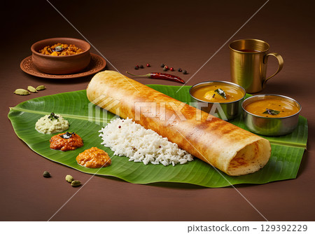 Delicious dosa served with rice, chutneys, and sambar on banana leaf 129392229