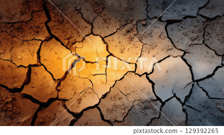 Cracked clay pattern viewed from directly above. Water crisis and water shortage in summer during long drought is a global problem of drought on the planet. 129392265