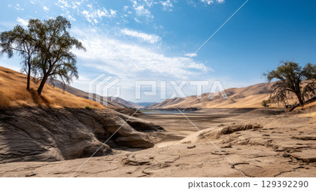 A once-thriving oasis now dry and barren. Water crisis and water shortage in summer during long drought is a global problem of drought on the planet. 129392290