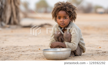 Little boy waiting for drinking water to survive the drought. Water crisis and water shortage in summer during long drought is a global problem of drought on the planet. Little boy waiting for drinking water to survive the drought. Water crisis and water shortage in summer during long drought is a global problem of drought on the planet. 129392292
