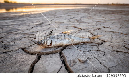 A dead fish lying in a dry riverbed with cracked mud. Water crisis and water shortage in summer during long drought is a global problem of drought on the planet. 129392293