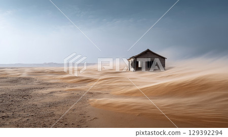 Wind-blown sand covering an abandoned structure in a drought zone. Water crisis and water shortage in summer during long drought is a global problem of drought on the planet. Wind-blown sand covering an abandoned structure in a drought zone. Water crisis and water shortage in summer during long drought is a global problem of drought on the planet. 129392294