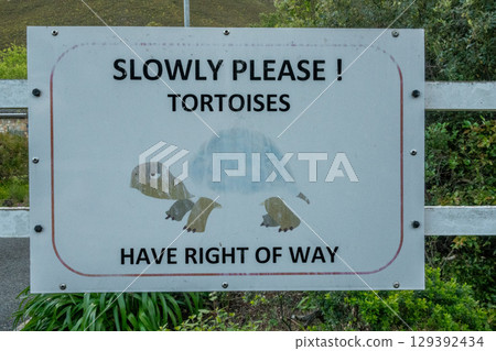Warning sign to give wild tortoises right of way in South Africa 129392434