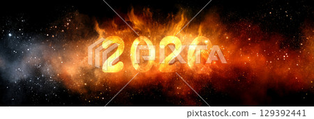 Happy new year 2026 - festive new year party background greeting card with text - Golden yellow fireworks in dark black night. Numbers written in fire, banner 129392441