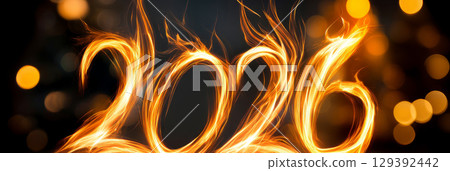 Happy new year 2026 - festive new year party background greeting card with text - Golden yellow fireworks in dark black night. Numbers written in fire, banner 129392442