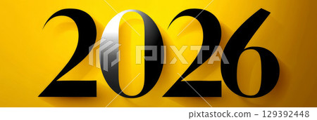 Happy new year 2026 - festive new year party background greeting card with text - Golden yellow fireworks in dark black night. The numbers are written on a yellow background, banner 129392448