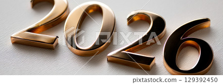 Happy new year 2026 - festive new year party background greeting card with text - Golden yellow fireworks in dark black night. The numbers are written on a white light background, banner Happy new year 2026 - festive new year party background greeting card with text - Golden yellow fireworks in dark black night. The numbers are written on a white light background, banner 129392450