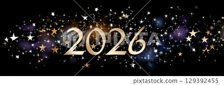 Happy new year 2026 - festive new year party background greeting card with text - Golden yellow fireworks in dark black night. The numbers are written in stars, banner 129392455
