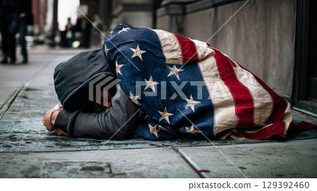Homeless man sleeping on the sidewalk in the USA, hiding behind an American flag 129392460