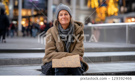 A homeless woman sitting on the steps of a public building, with a handwritten sign asking for help, surrounded by the bustling holiday shoppers 129392466