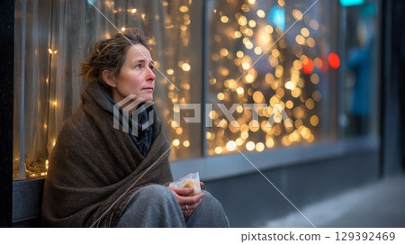 A homeless woman sitting against a storefront window, holding a piece of bread, as the Christmas lights reflect off the glass 129392469