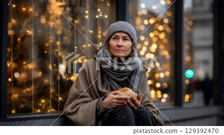 A homeless woman sitting against a storefront window, holding a piece of bread, as the Christmas lights reflect off the glass 129392470
