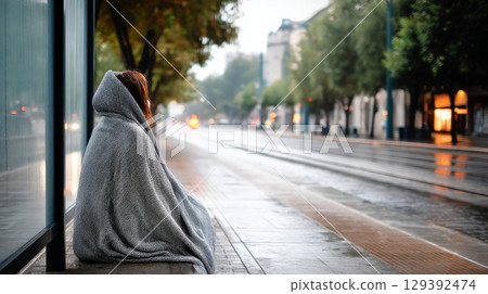A homeless person wrapped in a blanket, sitting at a bus stop on a rainy day, with empty streets in the background 129392474