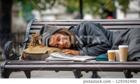 A homeless person wearing layers of clothing, lying on a public bench, with a folded newspaper as a pillow, surrounded by empty cups and wrappers 129392480