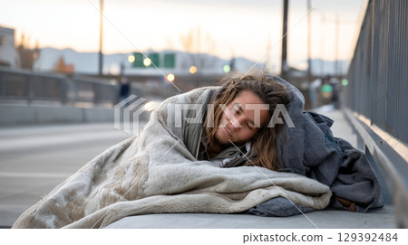 A homeless person bundled up in a worn blanket, sleeping under a bridge in the early morning light A homeless person bundled up in a worn blanket, sleeping under a bridge in the early morning light 129392484