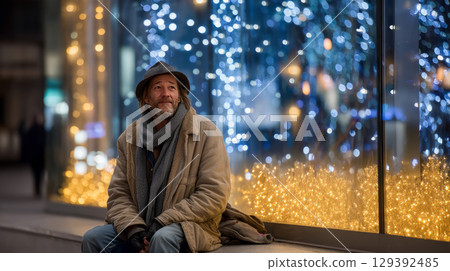 A homeless man with a tattered coat, resting in front of a brightly lit holiday window display, with festive lights around him 129392485