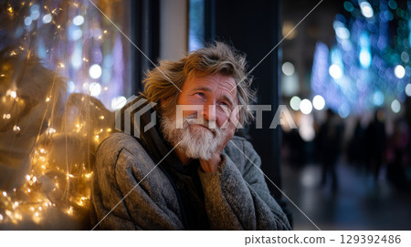 A homeless man with a tattered coat, resting in front of a brightly lit holiday window display, with festive lights around him 129392486