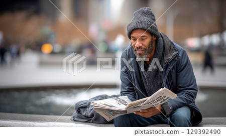 A homeless man with a beanie hat, sitting near a public fountain, reading a newspaper with the headline about the city's winter storm 129392490