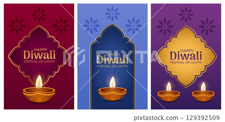 Set of vertical vector banners for Diwali festival with traditional oil lamps, ornaments and bright backgrounds. Set of vertical vector banners for Diwali festival with traditional oil lamps, ornaments and bright backgrounds. 129392509