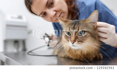 Close up of veterinarian checking cat's heart with stethoscope in clinic. Injury recovery, healthcare concept, pet treatment and prevention, trust and care. Caring for our smaller brothers 129392561