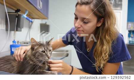 Close up of veterinarian checking cat's heart with stethoscope in clinic. Injury recovery, healthcare concept, pet treatment and prevention, trust and care. Caring for our smaller brothers 129392562