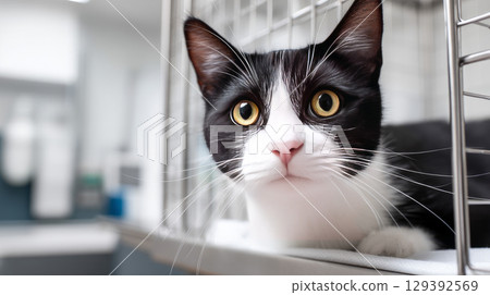 Close up of veterinarian checking cat's heart with stethoscope in clinic. Injury recovery, healthcare concept, pet treatment and prevention, trust and care. Caring for our smaller brothers 129392569