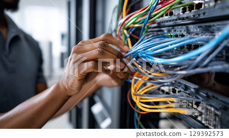 Computer engineer is setting up network in server room,Systems Maintenance Technician,Male engineer working in server room at modern data center Computer engineer is setting up network in server room,Systems Maintenance Technician,Male engineer working in server room at modern data center 129392573