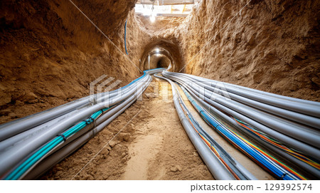 Installation of the distribution unit of heating and water supply network. Frame for connecting pipes in the trench of ground Installation of the distribution unit of heating and water supply network. Frame for connecting pipes in the trench of ground 129392574