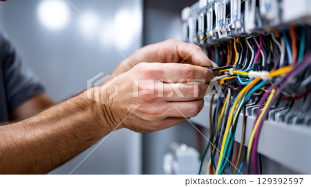 Male technician reading meter readings with tablet. Industrial equipment maintenance engineer. Electrician inspecting and checking electrical equipment 129392597