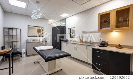 Physiotherapy room without people with equipment. Physiotherapy center with instruments for sessions. medicine concept, medical background for advertising, copy space. 129392662