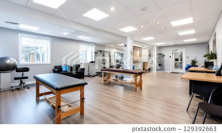 Physiotherapy room without people with equipment. Physiotherapy center with instruments for sessions. medicine concept, medical background for advertising, copy space. 129392663