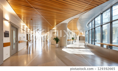 Clean, modern hospital corridor with polished floors, blue walls and bright lighting going into the distance. Concept of medical care, timely treatment and communication about medical care Clean, modern hospital corridor with polished floors, blue walls and bright lighting going into the distance. Concept of medical care, timely treatment and communication about medical care 129392665