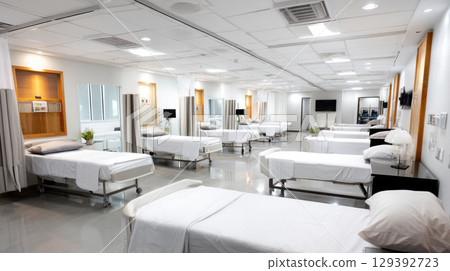 Hospital bed in an empty hospital room Hospital bed in an empty hospital room 129392723