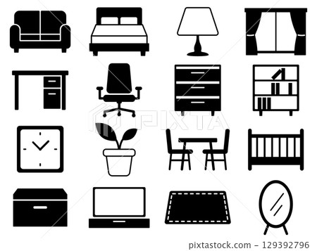 一組 16 個單色家具圖標 129392796