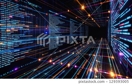 Image of digital data streams in infinite virtual space 129393005