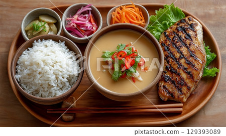 Delicious homemade miso soup with grilled fish and fresh vegetables 129393089