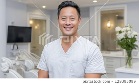Smiling Japanese dentist in modern dental office during daytime appointment 129393099