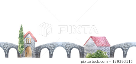 Stone arched bridge, two houses, and cypress tree seamless watercolor border. Decorative horizontal clip art. Perfect for scrapbooking, stationery, children's designs, and fairytale projects. Village 129393115