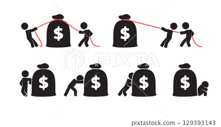 Various Poses of Two Stickmen with a Large Pocket of Money. Various pose of Stick Figure. Vector Illustration Various Poses of Two Stickmen with a Large Pocket of Money. Various pose of Stick Figure. Vector Illustration 129393143