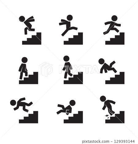 Stickman Poses Interacting with a Staircase. Various pose of Stick Figure. Vector Illustration 129393144