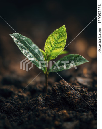 Close up of young green plant sprouting from dark soil, symbolizing growth, renewal, and nature vitality with dew drops on leaves Close up of young green plant sprouting from dark soil, symbolizing growth, renewal, and nature vitality with dew drops on leaves 129393388